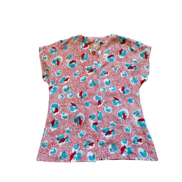 Tess Paris-Milano Tops - Tess Paris Milano Blouse Size 10 Made in Hong Kong Red Blue Abstract Print 80s‎